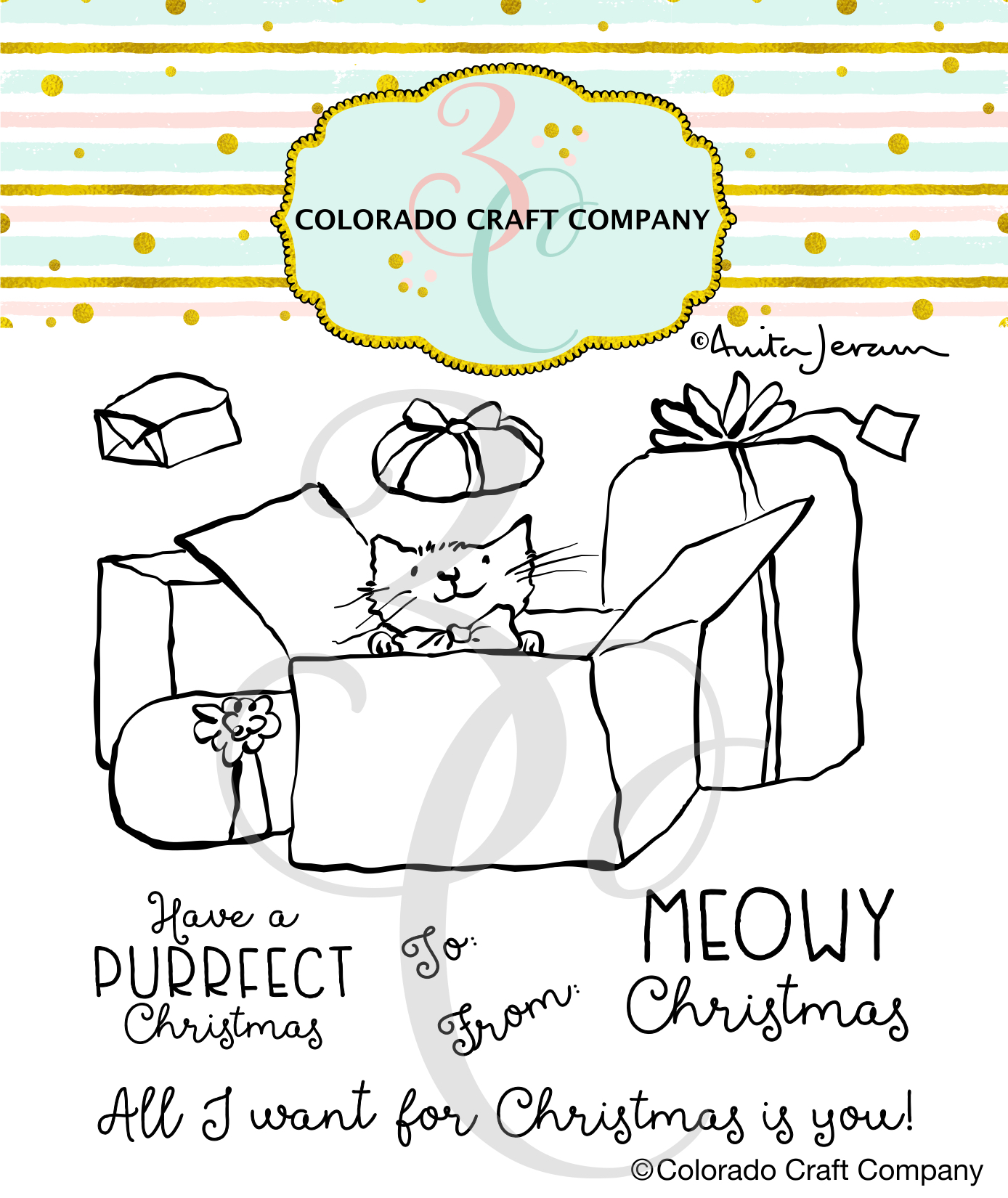 Colorado Craft Company - Anita Jeram~Meowy Christmas 4 x 4 Clear Stamps