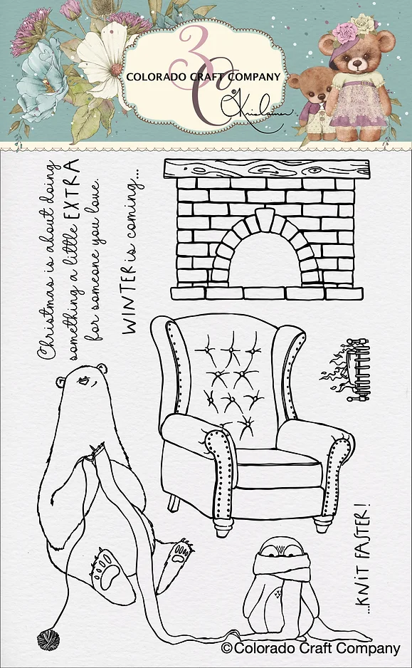Colorado Craft Company - Kris Lauren~Knitting Bear 4 x 6 Clear Stamps